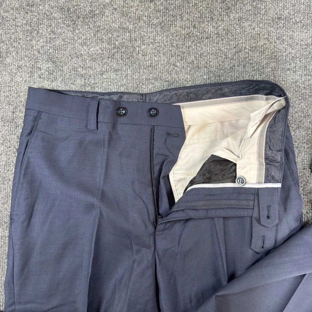 Luciano Carreli Suit Men 38R Navy Blue Super 150s Wool Double Breasted Pleated